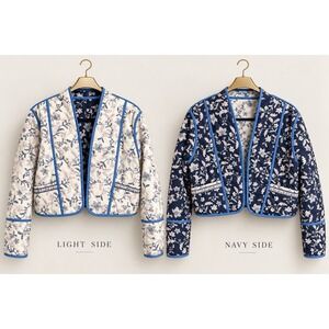 Blue Floral Quilted Reversible Jacket ~M~Cropped Navy to White Pkts Cottagecore